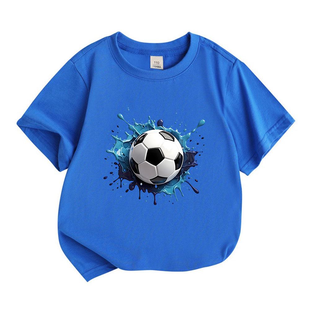 Kids Boys Girls 100% Cotton Crew Neck Short Sleeve T-Shirt, Classic Soccer Ball Blue Ink Splash Pattern Casual Soft Breathable Tee for Daily Outdoor S