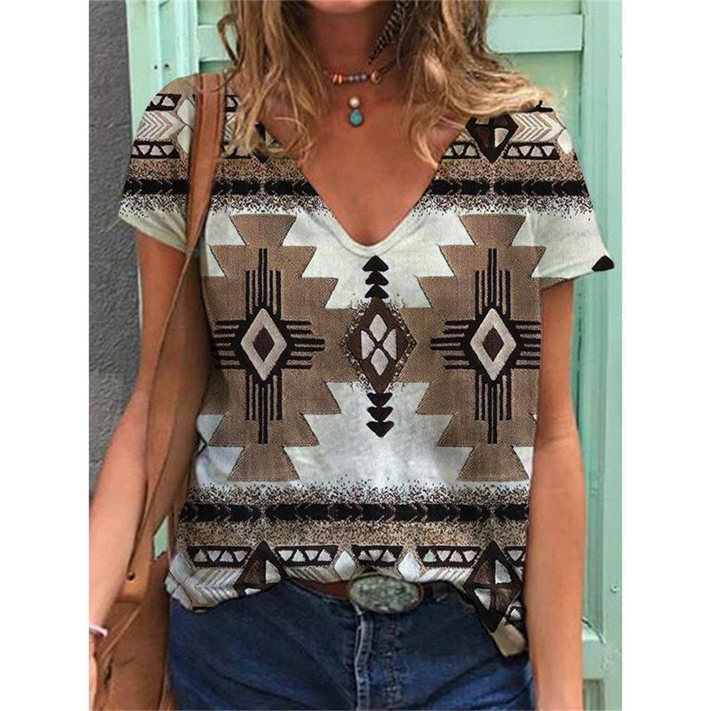 Geometric Graphics 3D Print T-Shirts Women Ethnic Style Vintage Streetwear T Shirt Y2k Tops Woman V-Neck Tees Oversized Clothing