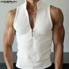 INCERUN Men Mockneck Zip-up Sleeveless Rib Sport Casual Skinny Tank Tops