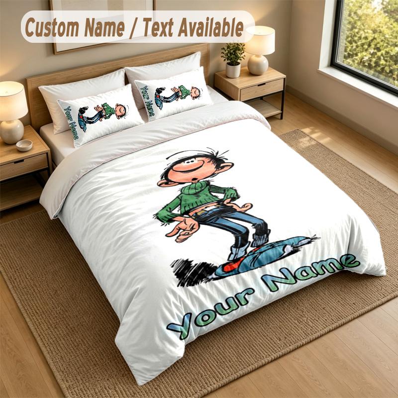 3Pcs Bedding Set Custom Name Text, 1 Sheet 2 Pillowcases Home Bed DecorGaston Lagaffe