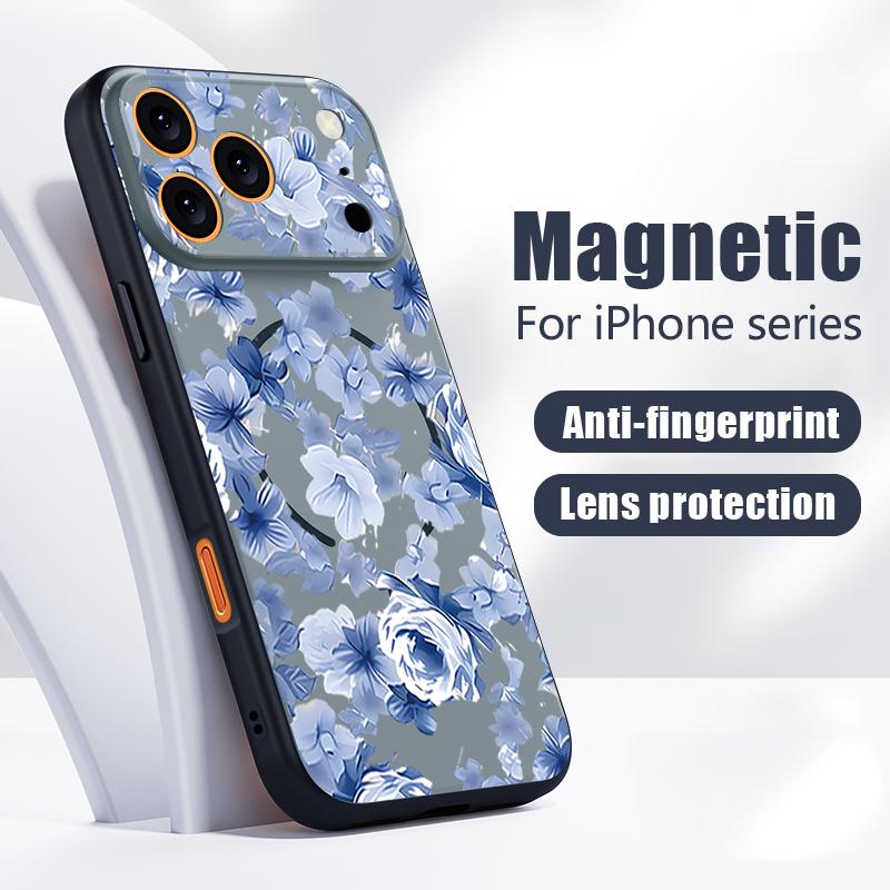 Чехол с узором из цветов синей розы для iPhone 17 Pro Max Магнитный для Magsafe Покрытие с ощущением кожи для iPhone 16 15 14 13 Pro Max