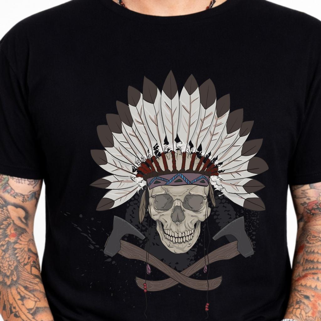 Native Tribal Indian Headdress Skull Tomahawk Biker Chief Vintage Graphic Tee.