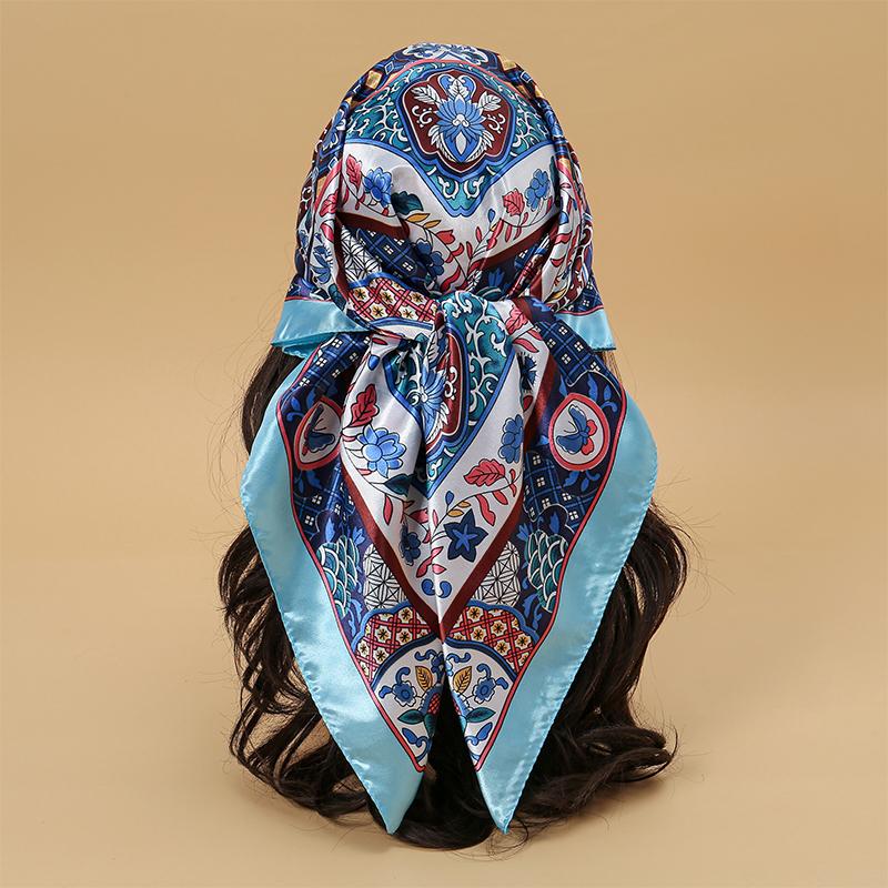 Satin Square Scarf Women Muslim Hijab Elegant Print Silk Neckerchief Shawl Wraps Headband Handle Hair Accessories Bandana