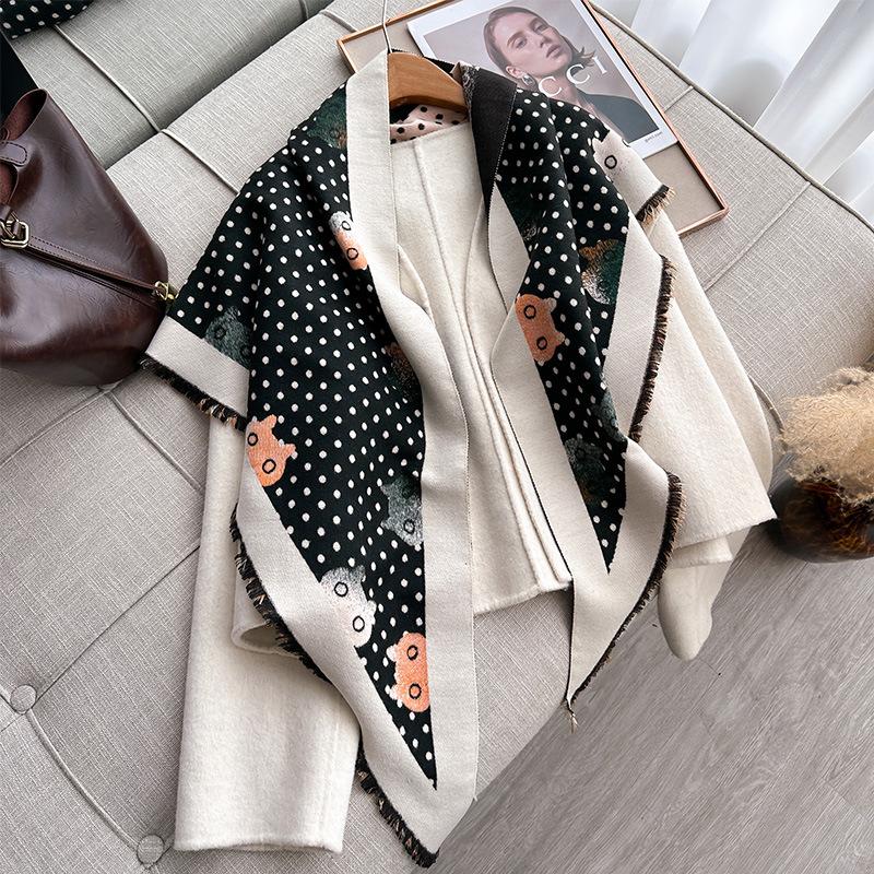 Autumn And Winter Triangle Scarf Polka Dot Kitten Print Double-Sided Warm Scarf Shawl Outer Cover Women