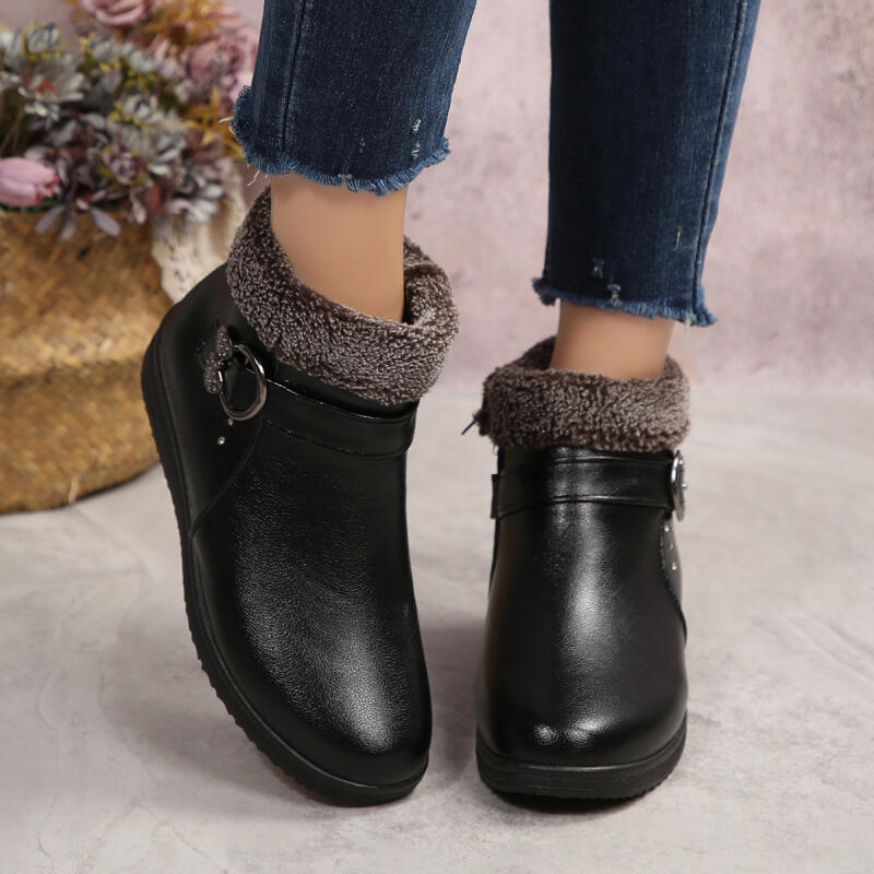 Fashion Casual Side Zip Pu Ankle Boots Women 2025 Winter Warm Short Plush Non Slip Mom's Shoes Vintage Soft Faux Fur Wedge Heel Booties