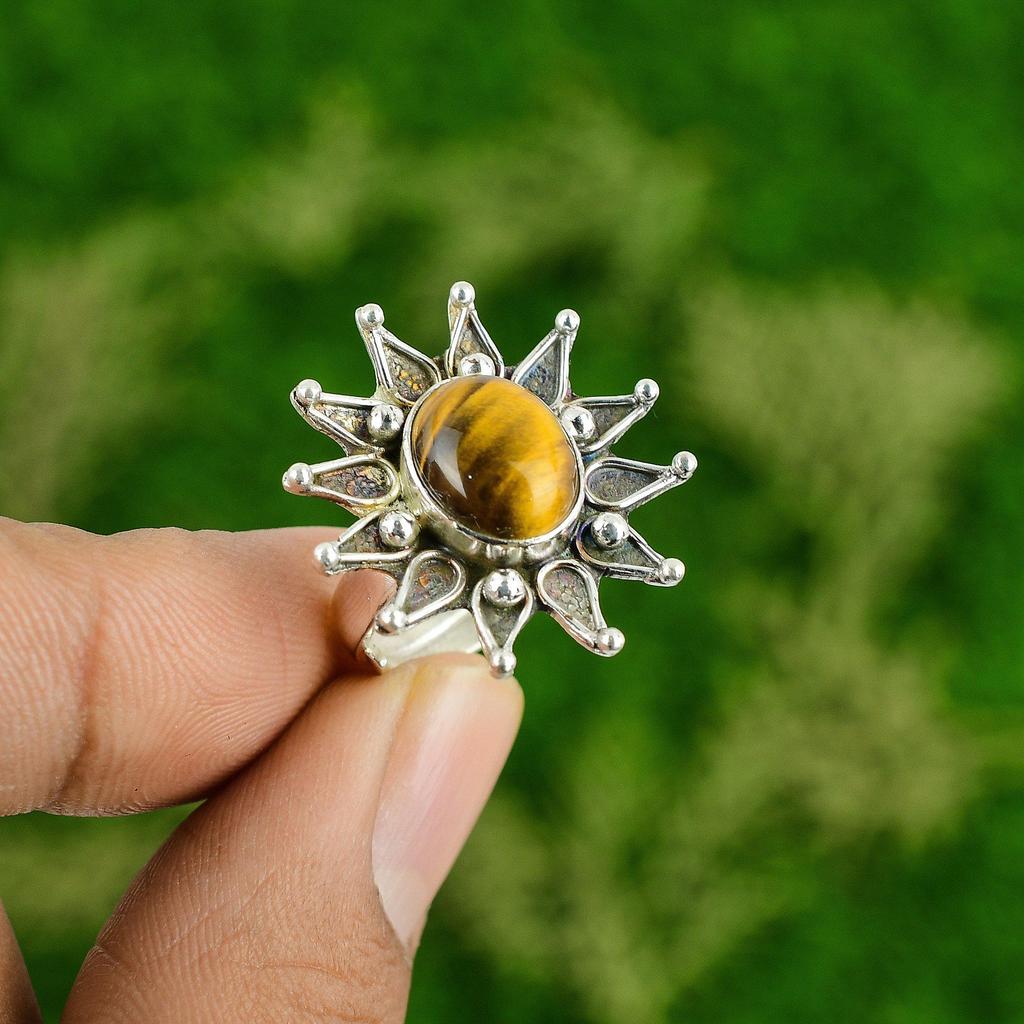 Natural Tigers Eye Multi Stone Promise Flower Ring Jewelry 925 Sterling Silver