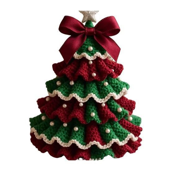 DIY Crochet Christmas Tree Kit Small Xmas Tree Craft Kit with Bow And Faux Pearl Handmade Holiday Decoration for Beginners