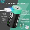 R7 CR123A 3.7V Li-ion Rechargeable Battery 2600mWh Type-C Charging For LED Flashlight Smoke Alarm Night Vision Camera