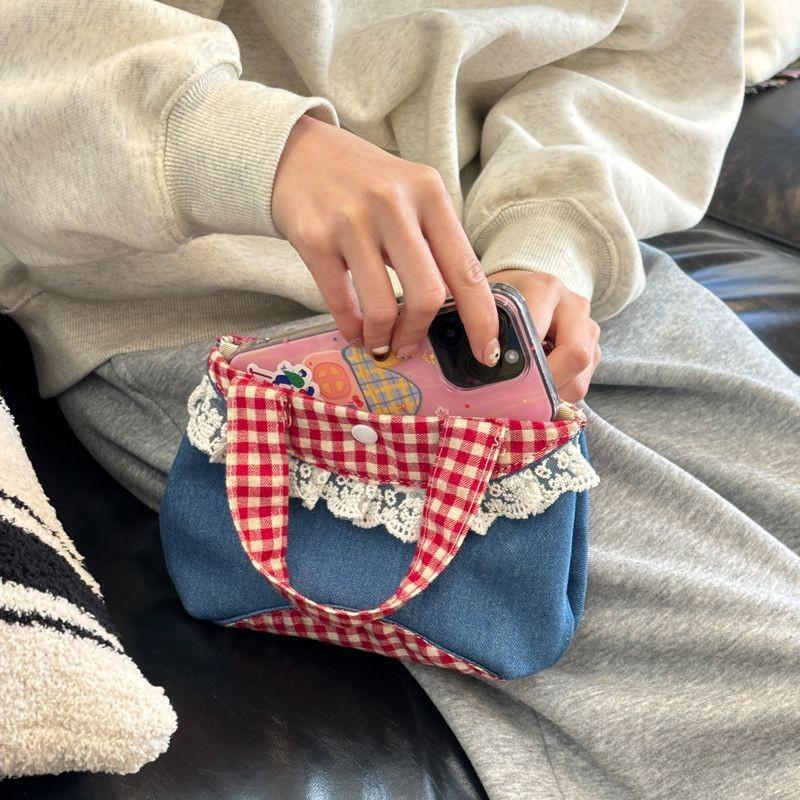 Корейская милая кружевная сумочка, ретро-художественная джинсовая клетчатая сумка с цветными блоками, свежие девчачьи мини-сумки для девочек, подарки