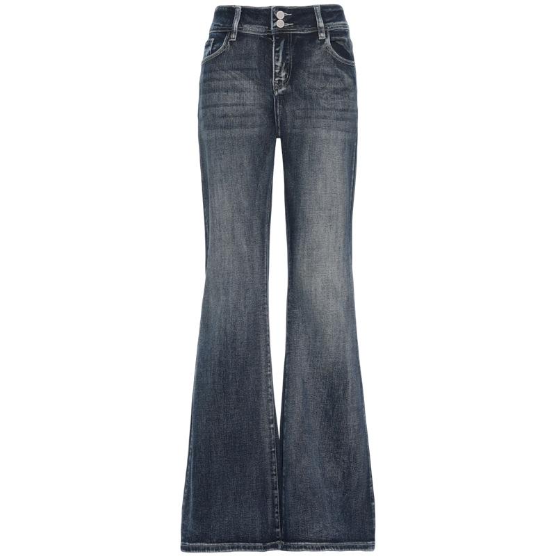 American retro double-button micro-pull jeans women's autumn new elastic and thin versatile horseshoe flared pants