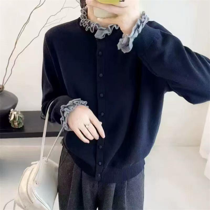 Темпераментный вязаный кардиган с грибным кружевом, новый осенне-зимний, ленивый ветер, круглый вырез, контрастный свитер-жакет, топ для женщин