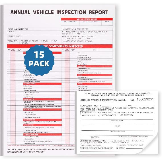 15-Pack Annual Vehicle pection Report Form, 3-Ply Carbonless Form and Hardboard, Includes 15-Pk 2-Ply FMCSA Vinyl Adhesive Label for Annual pections,