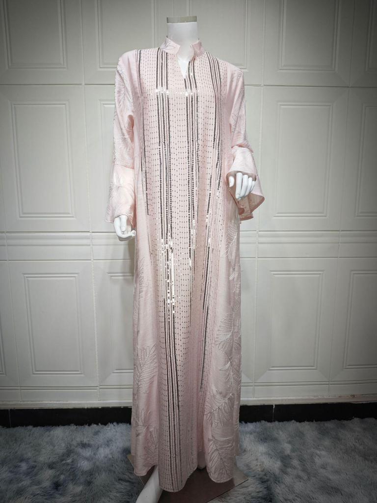 Elegant Sequin Embroidered Muslim Women's Robe - Middle Eastern Style Long Dress