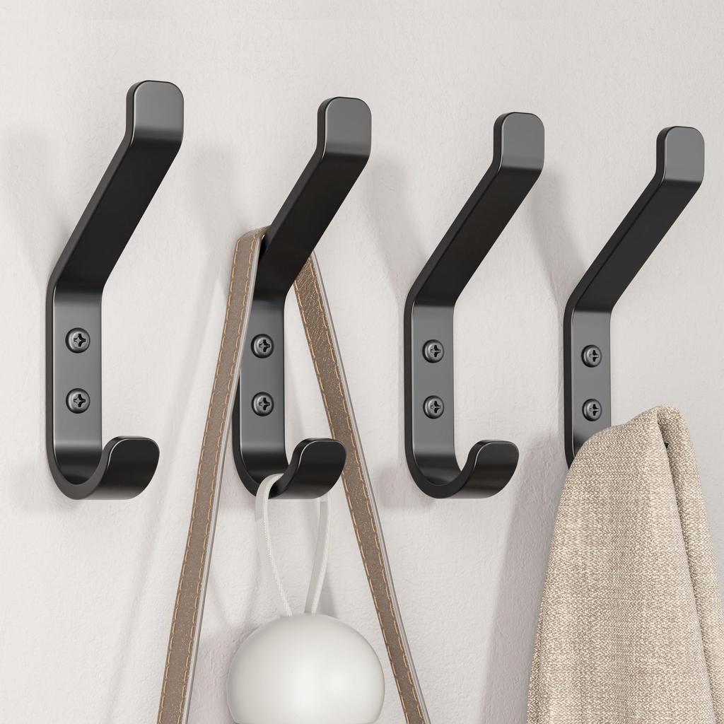 Decorative Coat Hooks For Wall Mount Set of 5 - Stylish and Sturdy Black Metal Double Hooks Are Perfect To Hang Your Jackets, Towels Or Hats