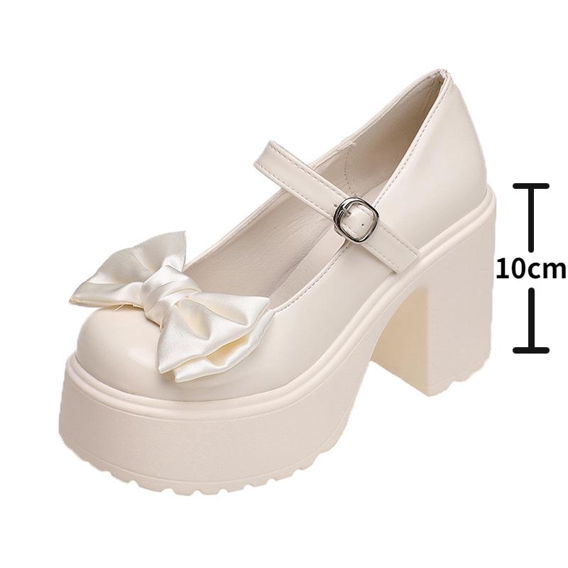 Модные белые туфли на платформе и высоком каблуке для женщин Мэри Джейн Туфли на толстом каблуке с бантами Элегантные женские туфли-лодочки на каблуке с круглым носком Женская свадебная обувь