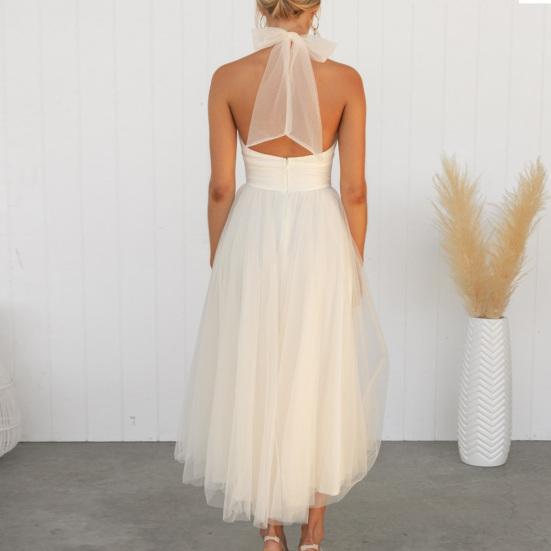 Lady Evening Dress Lace-up High Collar Halter Neck Backless Off Shoulder Sleeveless Multi-layer Mesh Hem Solid Color A-line