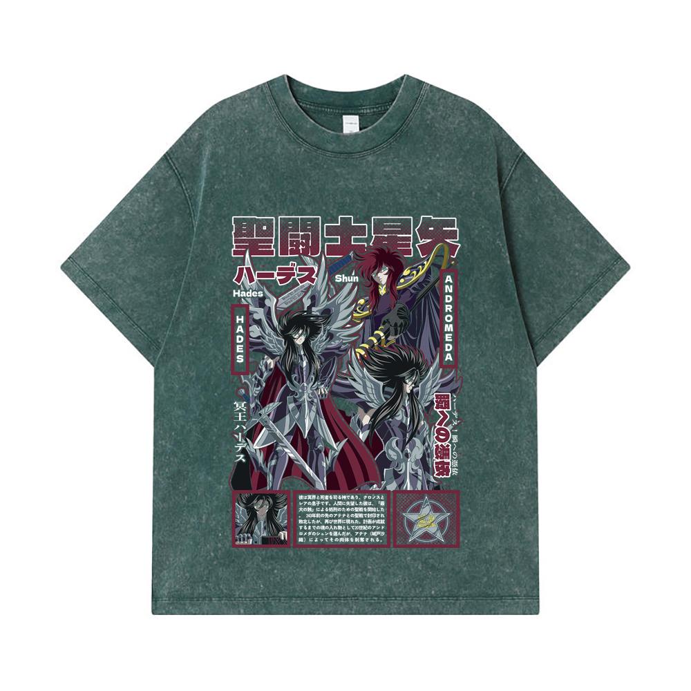 Стиранные футболки 275 г/м² 100% Хлопок Saint Seiya V4 Принт Аида Унисекс Тяжелая Хлопковая Футболка