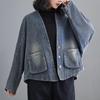Весенняя рубашка Джинсовая куртка Повседневная рубашка с длинным рукавом Женская Пуговицы Клетка Свободная Синий Пэчворк С капюшоном Винтажные Топы