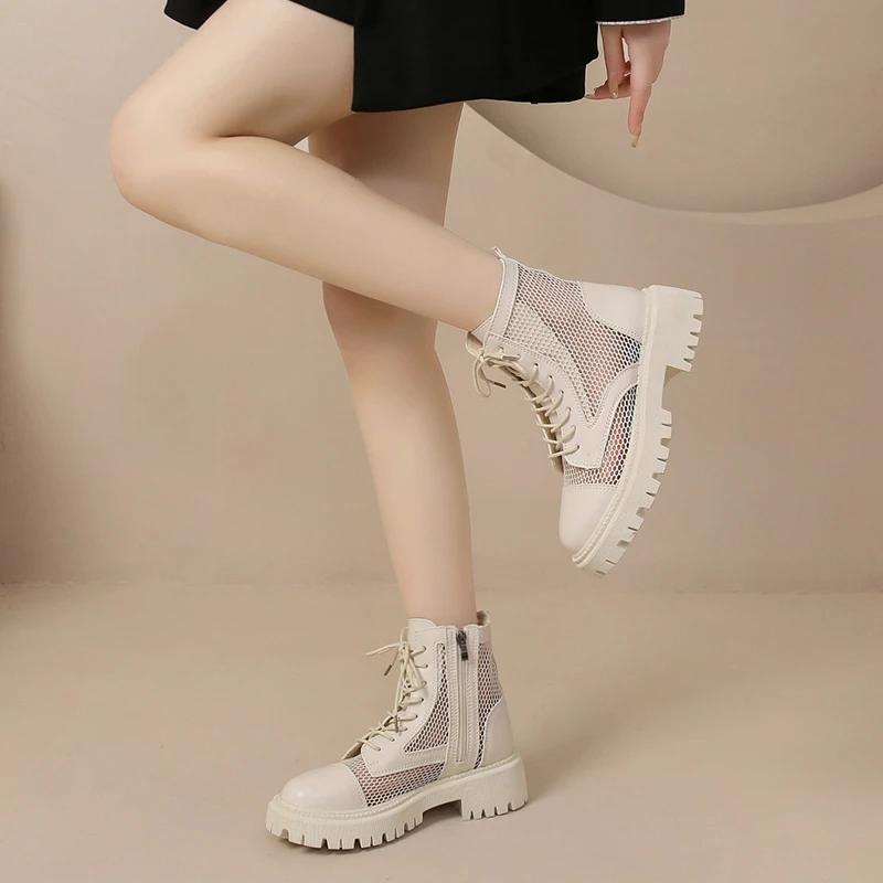 Женские сандалии, летние, новые, средний каблук, сетчатая ткань, боковая молния, крутые ботинки, модный темперамент, дышащие, одинарные туфли