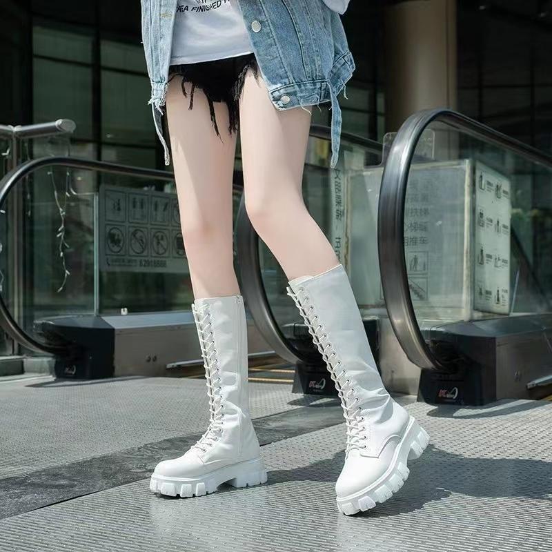 Women's Mid Calf Boots Padded Shoes Knee High Winter Sneakers Punk Style Military Casual White Black 2024 Platform Woman
