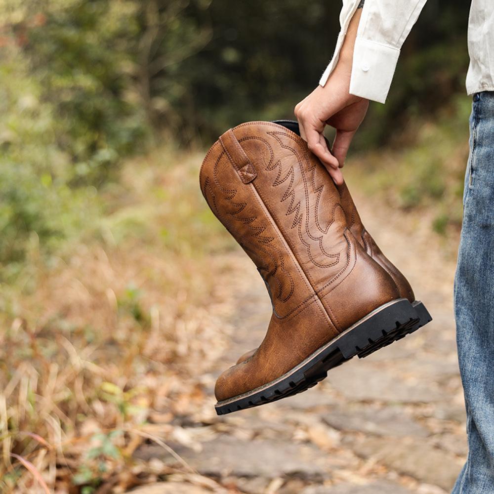 Мужские ковбойские сапоги для мужчин, мотоциклетные ботинки в стиле рыцаря, мужская обувь, винтажные ботинки для рукоделия с большим деревом и вышивкой в ​​западном стиле