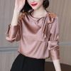 Women's Spring and Autumn Plus Size Thin Section Loose Bow Satin Pullover Shirt Long Sleeved T-shirt Bottoming Shirt