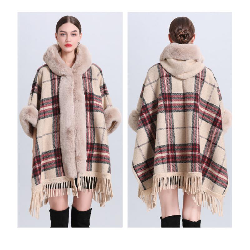 Зимняя женская куртка-накидка с шалью, свободная клетчатая подкладка с утолщенным меховым воротником, вязаная твидовая куртка-шаль с семиточечным рукавом и шляпой