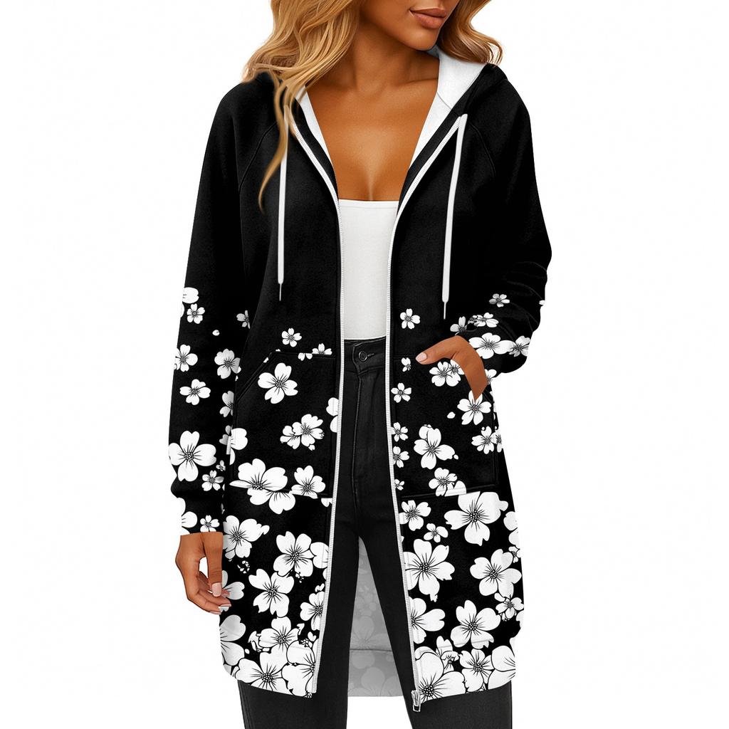 Women's Fashionable Printed Long Sleeved Drawstring Hooded Zipper Pocket Long Casual Sweatshirt Jacket