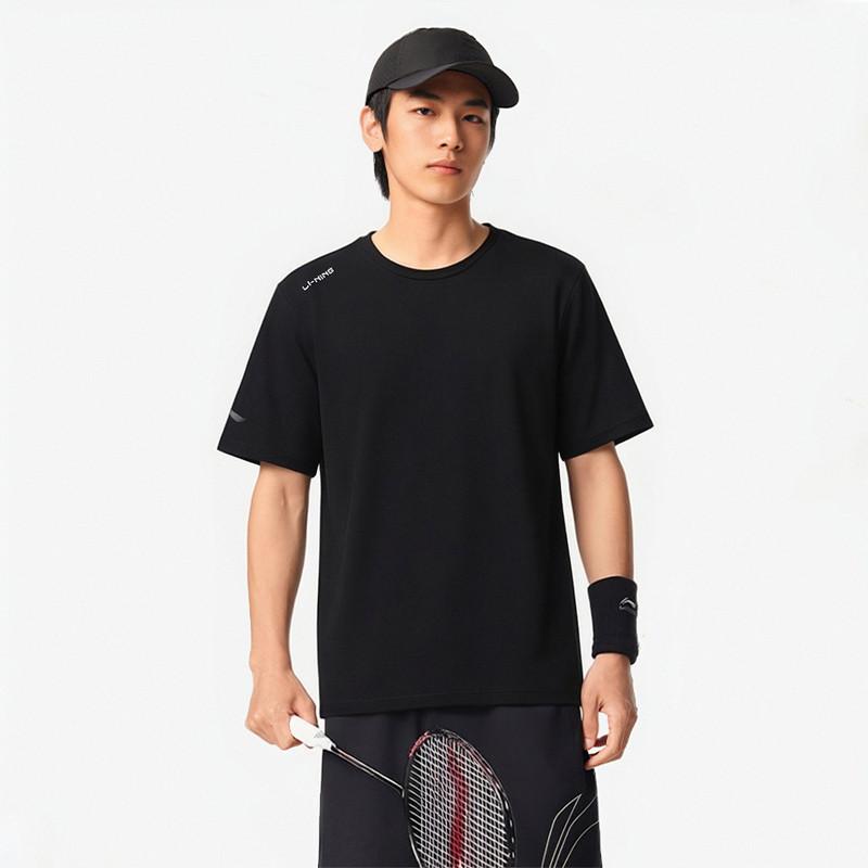 Li-Ning Универсальная однотонная мужская футболка-пуловер с круглым вырезом и коротким рукавом, черная ATSW623-1