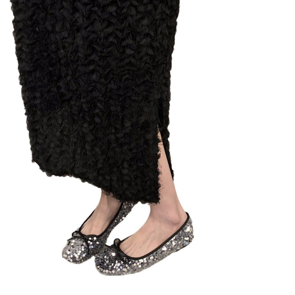 Туфли-лодочки туфли феи 2025 новые весна осень и зима плоские темперамент серебряные пайетки французские черные нежные вечерние туфли