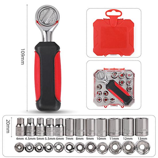 Interchangeable Ratchet Wrench with Non Slip Handle Universal 1/4 Inch Drive Impact Sockets 4-13mm Metric Socket Wrench Set
