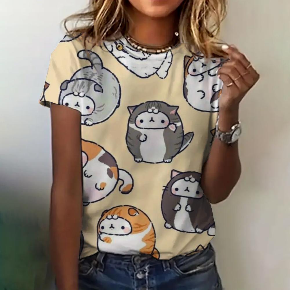 Футболка с 3D-принтом, женская одежда, летняя, с круглым вырезом, дышащая, с коротким рукавом, с милым рисунком кота, свободная, повседневная одежда, женская футболка