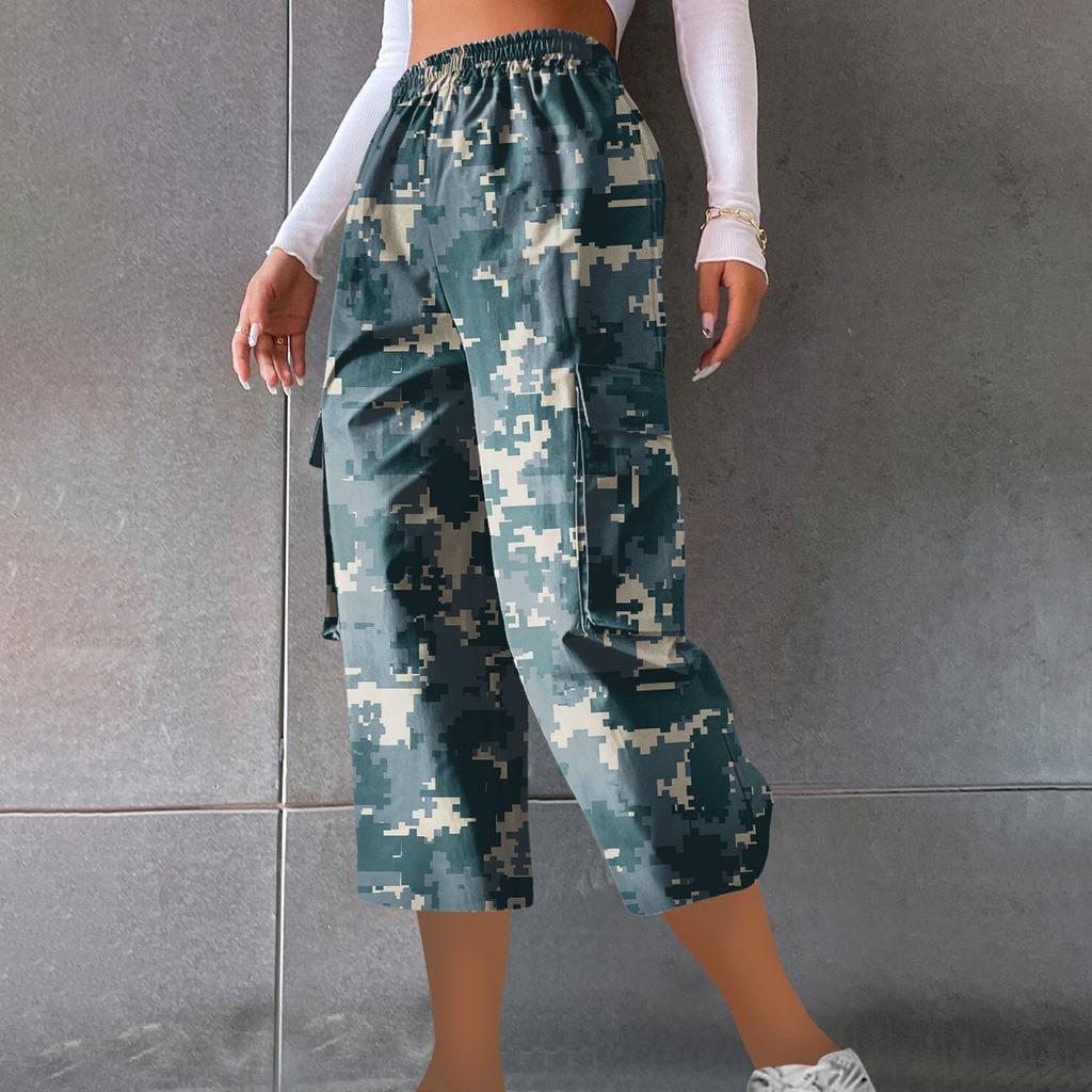 Женские повседневные рабочие брюки с эластичным поясом и укороченными брюками с камуфляжным принтом