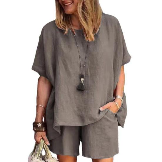 Yousheng Women's Cotton Linen 2-Piece Outfit Short Sleeve Crewneck Pullover Top And Shorts Set with Pockets Summer Casual Loungewear Tracksuit