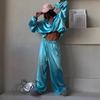 Женский комплект: атласный укороченный ветрозащитный топ и широкие брюки, повседневный спортивный костюм с длинным рукавом, комплект из двух предметов