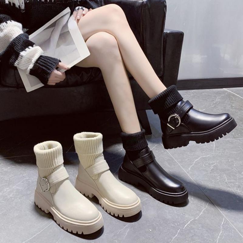 Короткие женские туфли Массивная обувь Мэри Джейн Белые ботильоны Носки Лолиты Женские ботильоны на эластичной платформе Тренд 2024 Новинка 2024 года