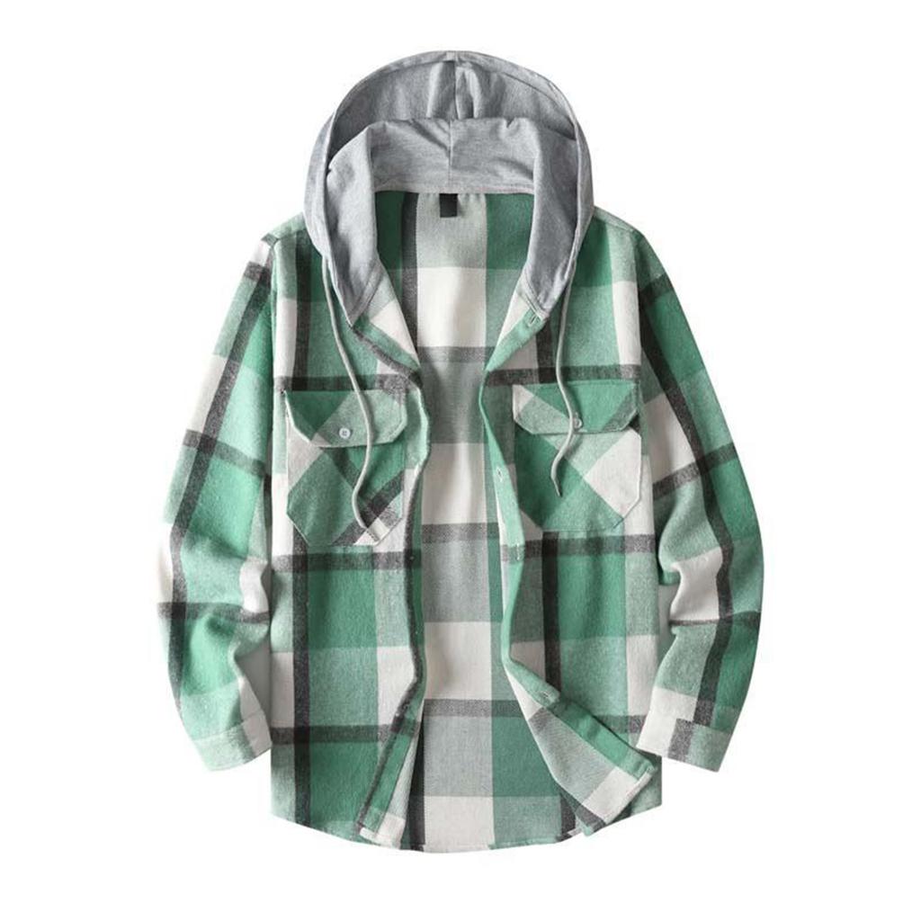 Men's Striped Plaid Casual Loose Button Lapel Long Sleeve Hooded Cardigan Shirt Jacket