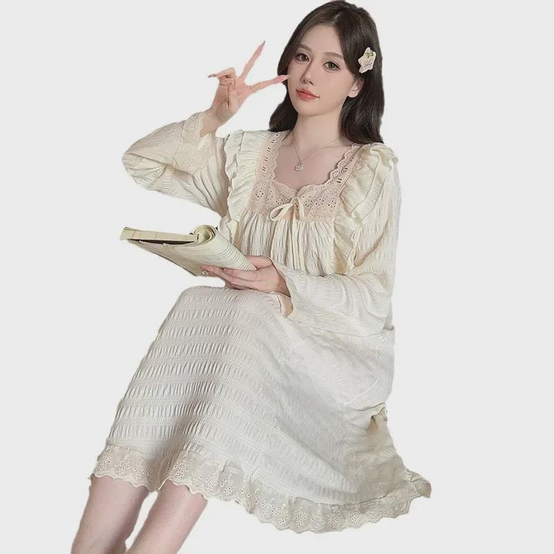 Женская пижама Sweet Princess Style с длинными рукавами - ночная рубашка больших размеров средней длины на весну и осень