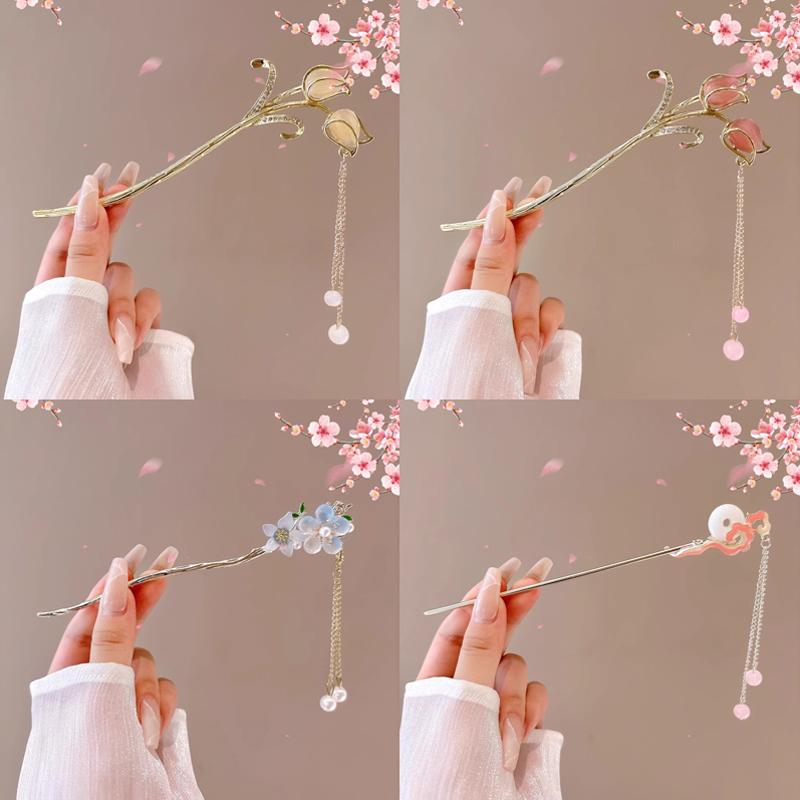 Romantic Chinese Style Hair Accessories For Women Girls Sweet Versatile Flower Tassel Hairpin Simple High-End Hair Stick Gifts