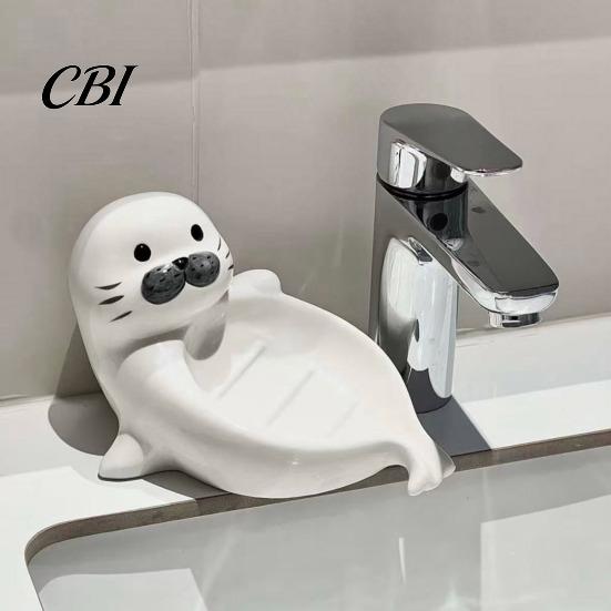 Drainage Soap Tray Cute Seal Ceramic Dish, with Self-Draining Design, Sponge Novelty Organizer Tray, for Bathroom Countertop And Kitchen Sink Stand