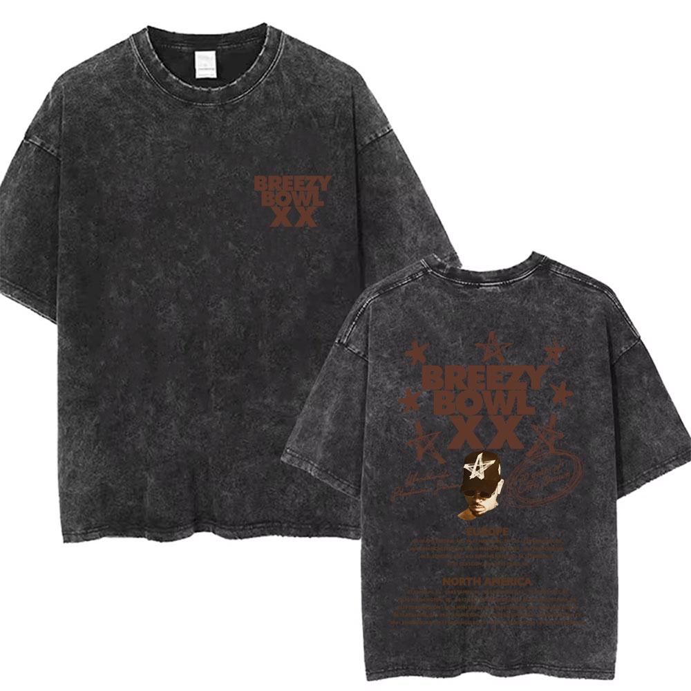 Washed Chris Brown Music Album Cover Print Tshirt Breezy Bowl XX Tour Merch T Shirts Men Women Hip Hop High Quality Tshirt
