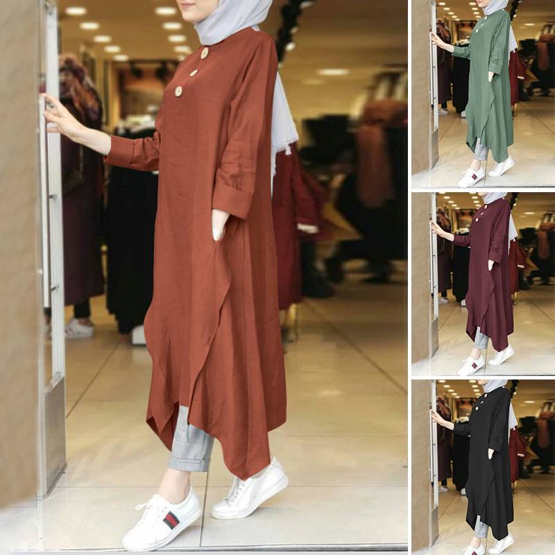 Womens Muslim Dress Islamic Clothing Long Sleeve Round Collar Solid Color Maxi Dresses Plus Size S-5XL