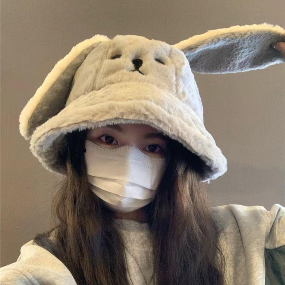 Korean Doggie Ear Bucket Hat Warm Women Plush Hats Cute Oversized Puppy Hat  Girls