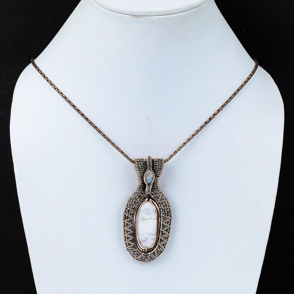 Unique Howlite & Moonstone Gemstone Handmade Jewelry Pure Copper Wire Wrap Pendant