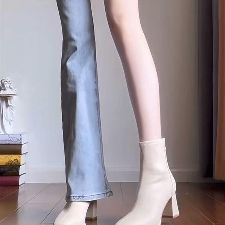 Giant Skinny! Skinny Boots~ Thick Heel White Ankle Boots Women's French Short Boots Square Head High Heel Elastic Boots Women's