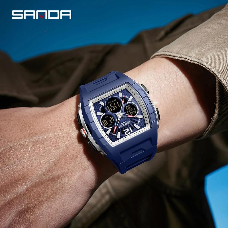 SANDA New Dual Display Watch for Men Sport 5Bar Waterproof LED Luminous Analog Digital Alarm Clock Electronic Quartz Men Watch