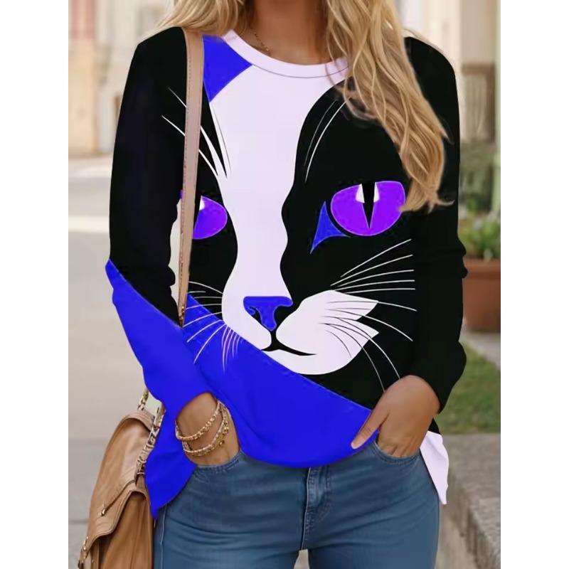 Women's T Shirts 3D Print Art Design Cat Pattern Long Sleeve Daily Weekend Fashion Funny Round Neck Regular Fit Spring & Fall