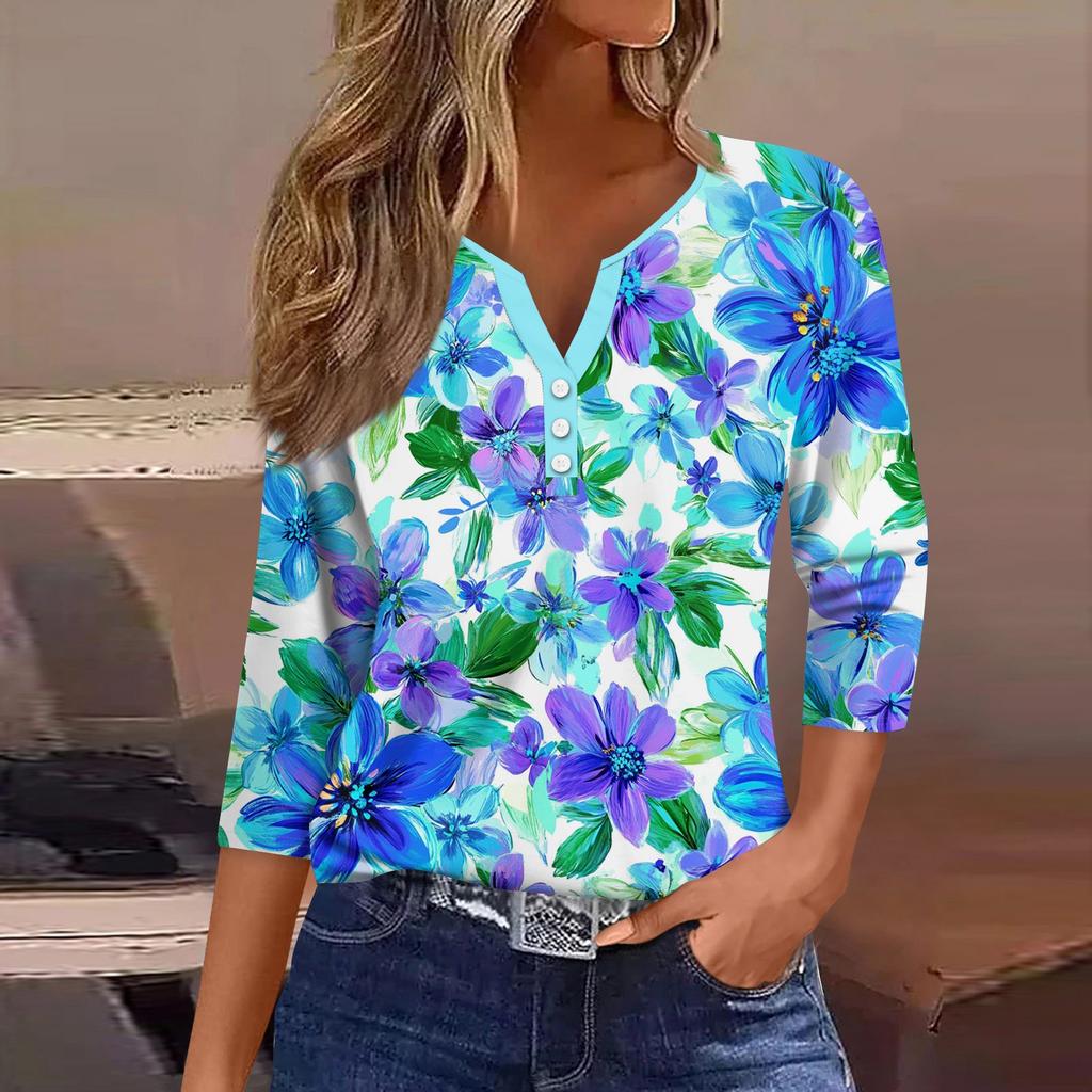 3/4 Length Sleeve Womens Tops Print Vintage Fashion Casual Loose With V Neck Plus Size Shirts Tops