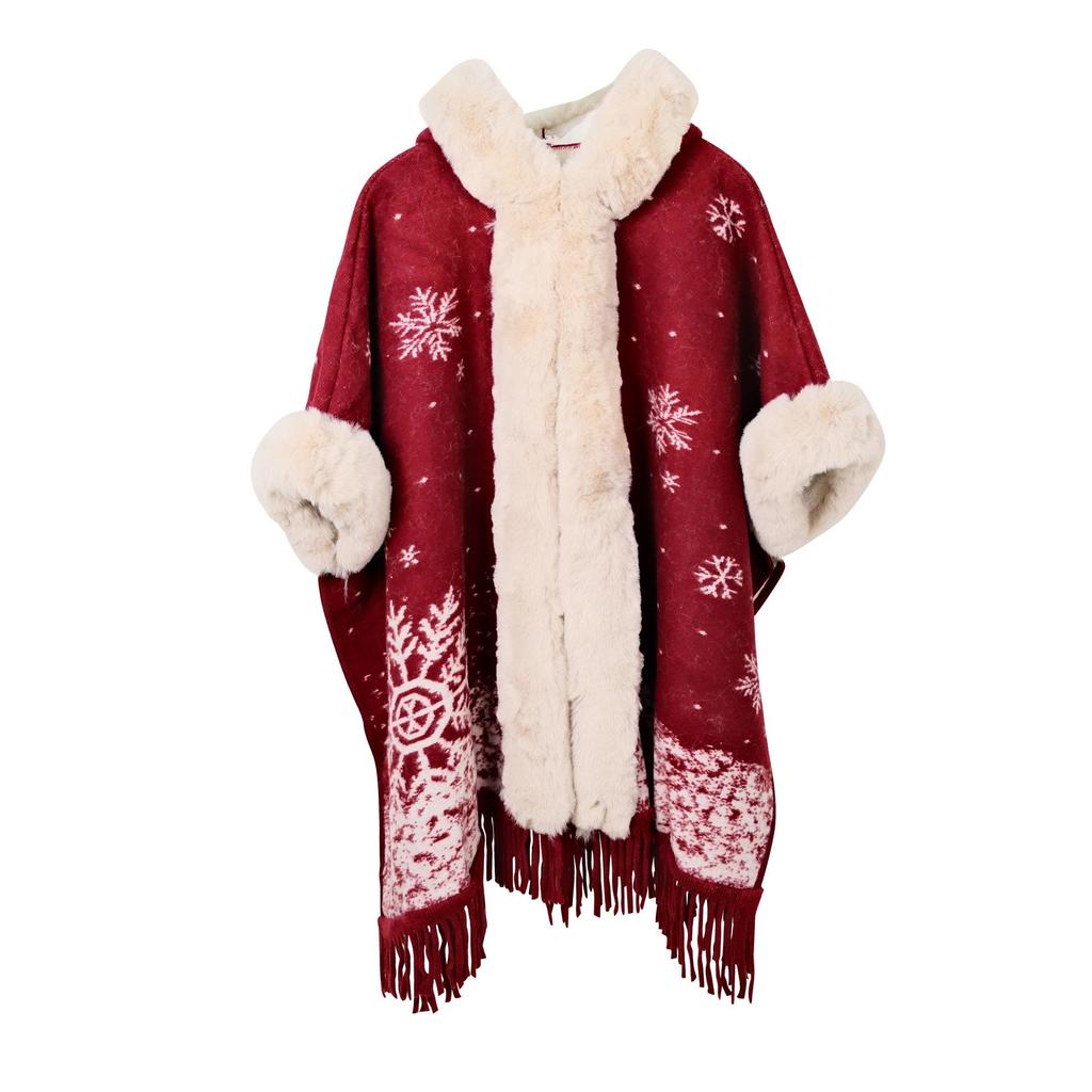 Женское пальто-накидка с капюшоном и воротником из искусственного меха выдры – Зимняя верхняя одежда с жаккардовым узором «снежинки»