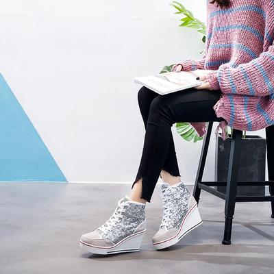 Мода 8 см осень Женская обувь Розовый Черный Серебристый Глиттер Вулканизированная Женская Платформа Клин Кроссовки Повседневные Zapatos De Mujer